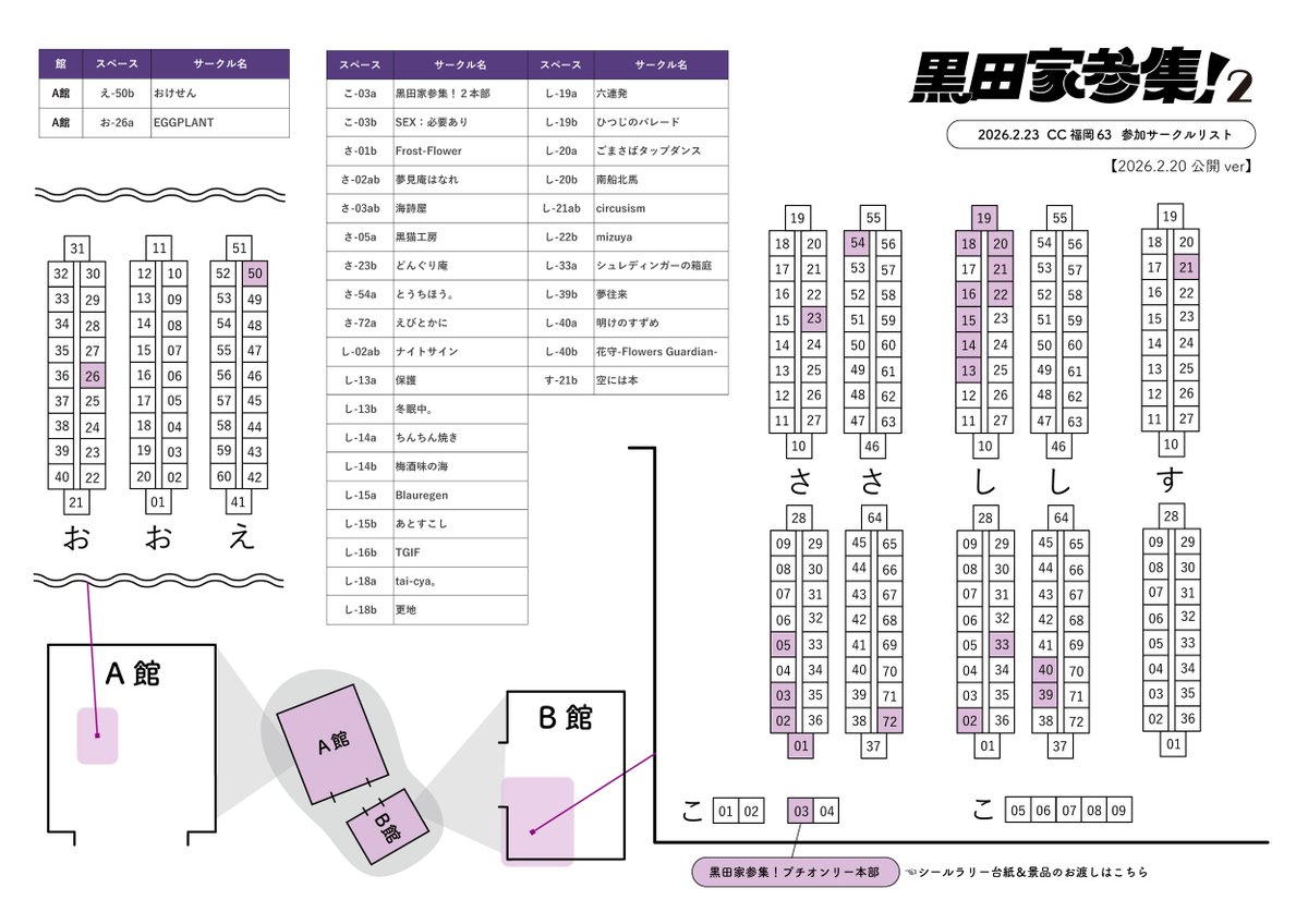 【サークルリストver.1】
2/23黒田家参集！のサークルリスト（シールラリー参加サークル様）を公開いたします。

※こちらはver.1となっております。直前の飛び入り参加、ご欠席等を反映してイベント前日（2/22）にver.2を公開する予定です。
引き続き、フォームより参加表明をお待ちしております！