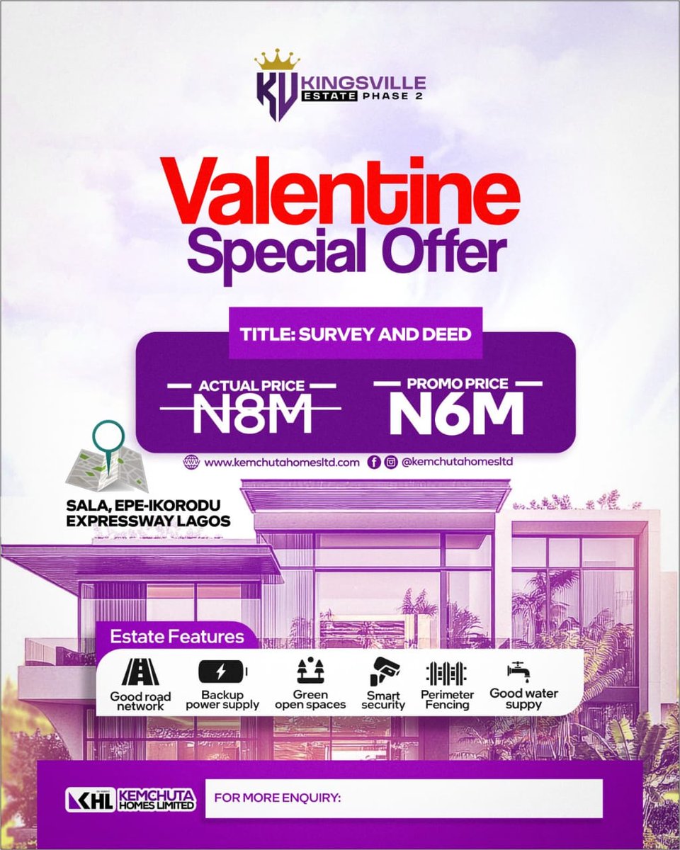*VALENTINE SPECIAL OFFER  LAST CHANCE!* 

Love is beautiful… but owning a piece of land in a prime location is even more rewarding!

This is your final opportunity to secure a plot at Kingsville Estate Phase 1 Annex , located at Sala, Epe–Ikorodu
