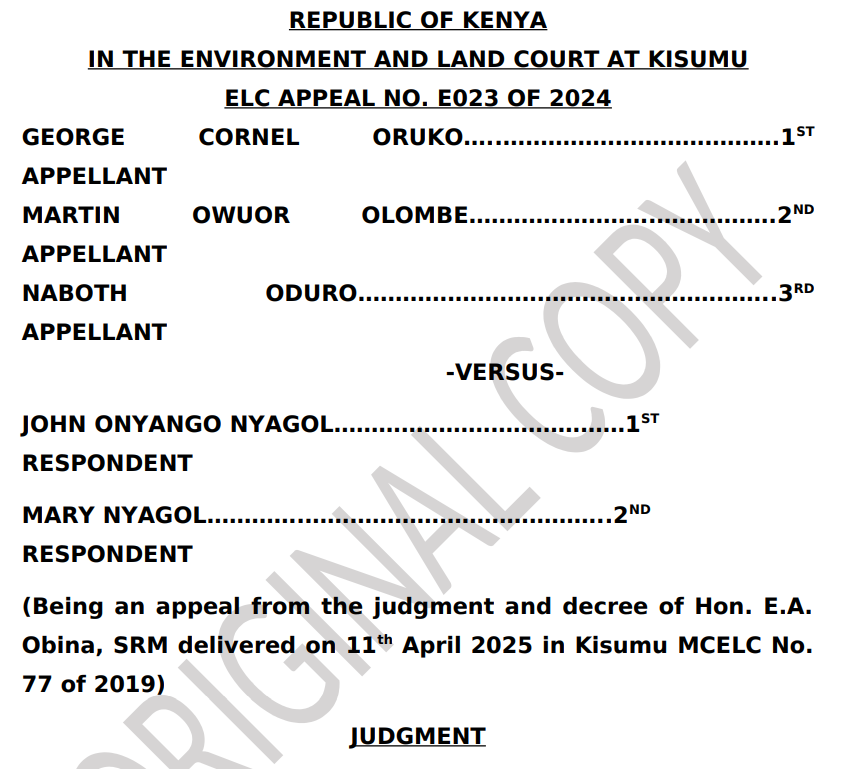 🚨🚨Title vs Possession: ELC Clarifies Limits of Magistrates’ Courts in Adverse Possession Claims

In George Cornel Oruko &amp; 2 Others v John Onyango Nyagol &amp; Another, the Environment and Land Court at Kisumu dealt with a long-running dispute over parcel Kisumu/Manyatta “B”/1850.
