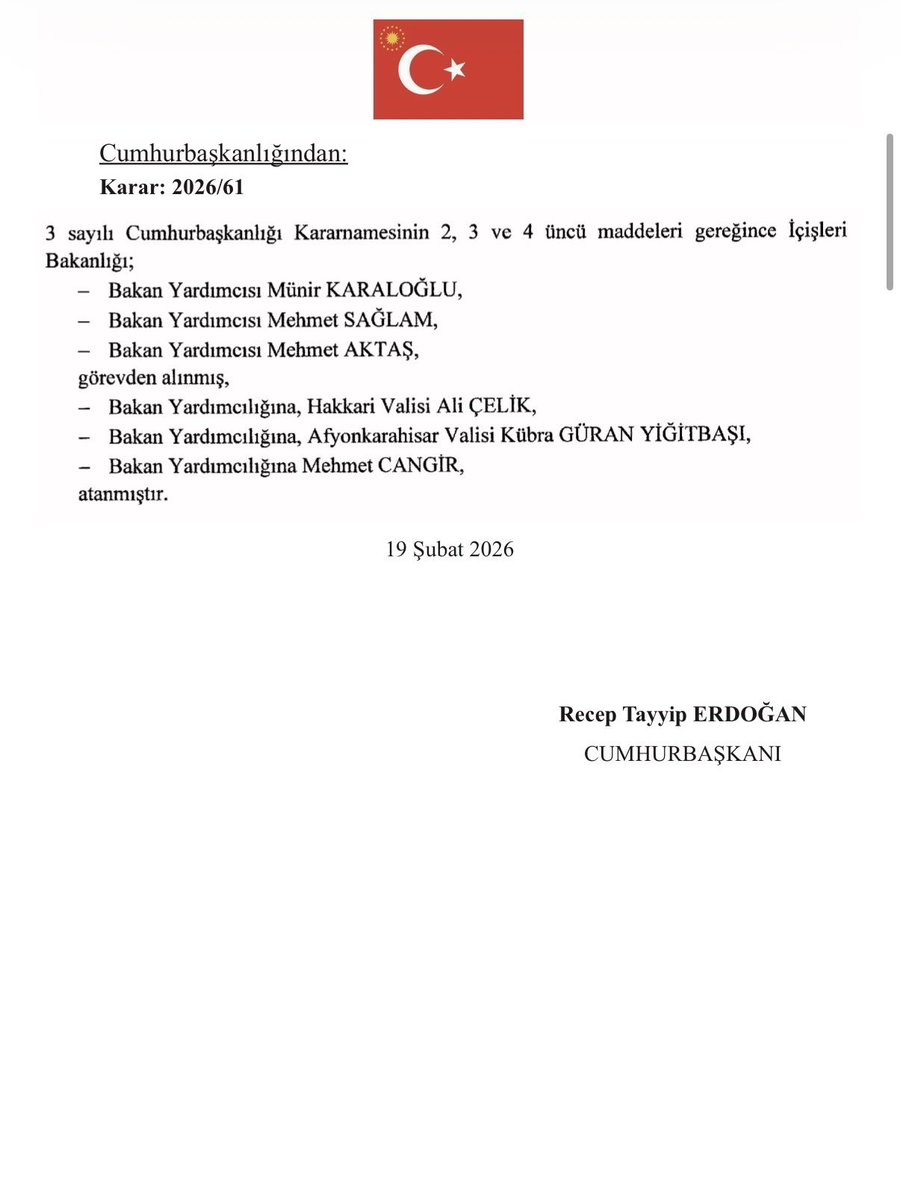 Cumhurbaşkanımız Sayın Recep Tayyip Erdoğan’ın tensipleriyle; 

Adalet Bakan Yardımcılığı görevine atanan Sayın Abdullah Aydoğdu, Sayın Burak Ceyhan, Sayın Can Tuncay ve Sayın Sedat Ayyıldız ile İçişleri Bakan Yardımcılığı görevine atanan Sayın Ali Çelik, Sayın Kübra Güran