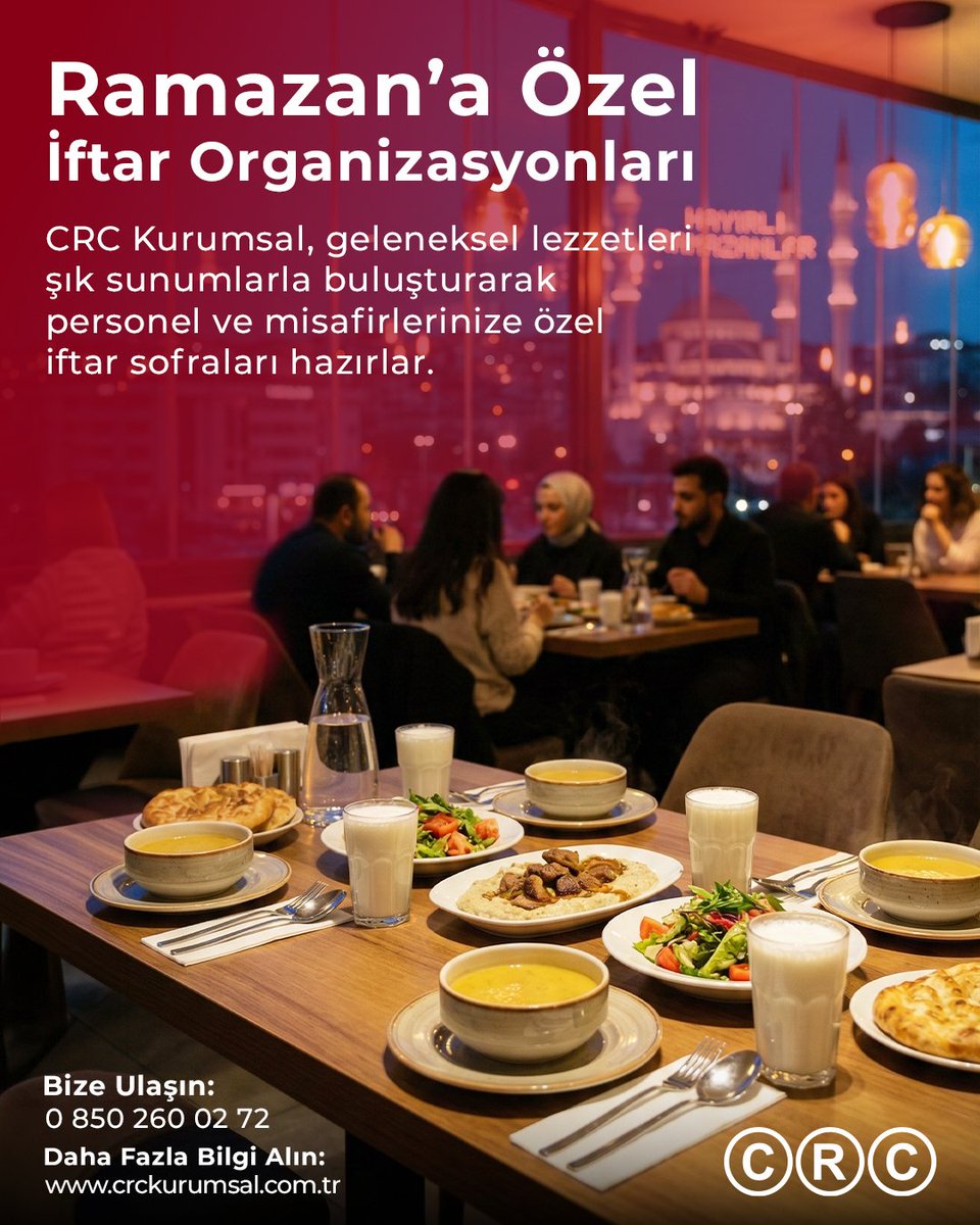 Ramazan ayı boyunca personeliniz ve misafirleriniz için özenle hazırlanmış iftar sofraları… 🌙✨

CRC Kurumsal Event olarak geleneksel lezzetleri modern ve şık sunumlarla buluşturuyor, davetlerinize hem lezzet hem prestij katıyoruz. 🍽️
