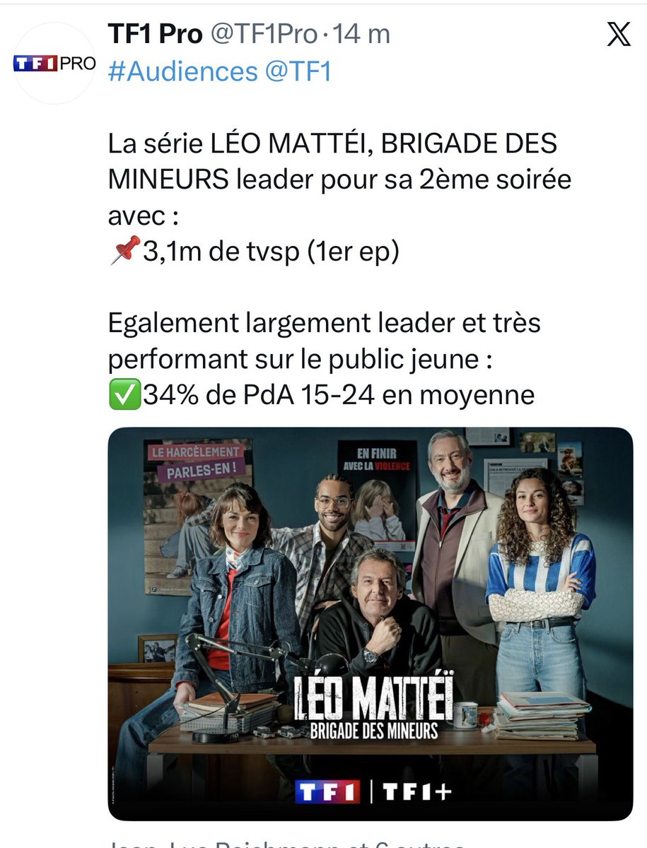 JL_Reichmann's tweet photo. Communiqué TF1 🥇 1er sur le podium hier soir 👍 ☀️
Merci à Tous ‼️ #leomattei
Bonne journée à vous 🌟 https://t.co/8Z2R6SYrOt