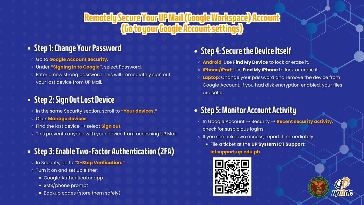 UPITDC's tweet photo. 🔐Securing Your UP Mail Account if Your Device is Lost

Read more 👇 
https://t.co/DQwYTToHBD https://t.co/ESoiGgVk9I