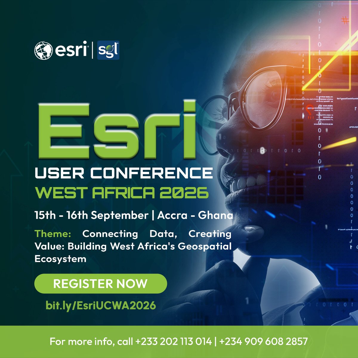 The geospatial wave is here 🌍

Registration is NOW OPEN for #EsriUCWA2026!
📍 Accra | 📅 15–16 Sept 2026
Join West Africa’s brightest minds in mapping, data &amp; innovation.
Seats are limited. Register today: bit.ly/EsriUCWA2026

#GIS #GeospatialTechnology #MappingYourIdeas