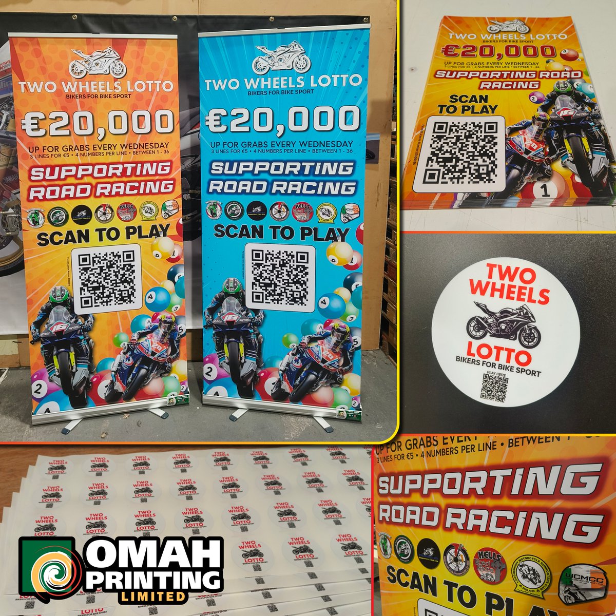 omahprintingltd's tweet image. Pull up banners, posters &amp;amp; vinyl stickers ready for the 2 Wheels Lotto 🏍️🎰

#printing #signs #posters #stickers #design #pullupbanners #roadracing #twowheelslotto