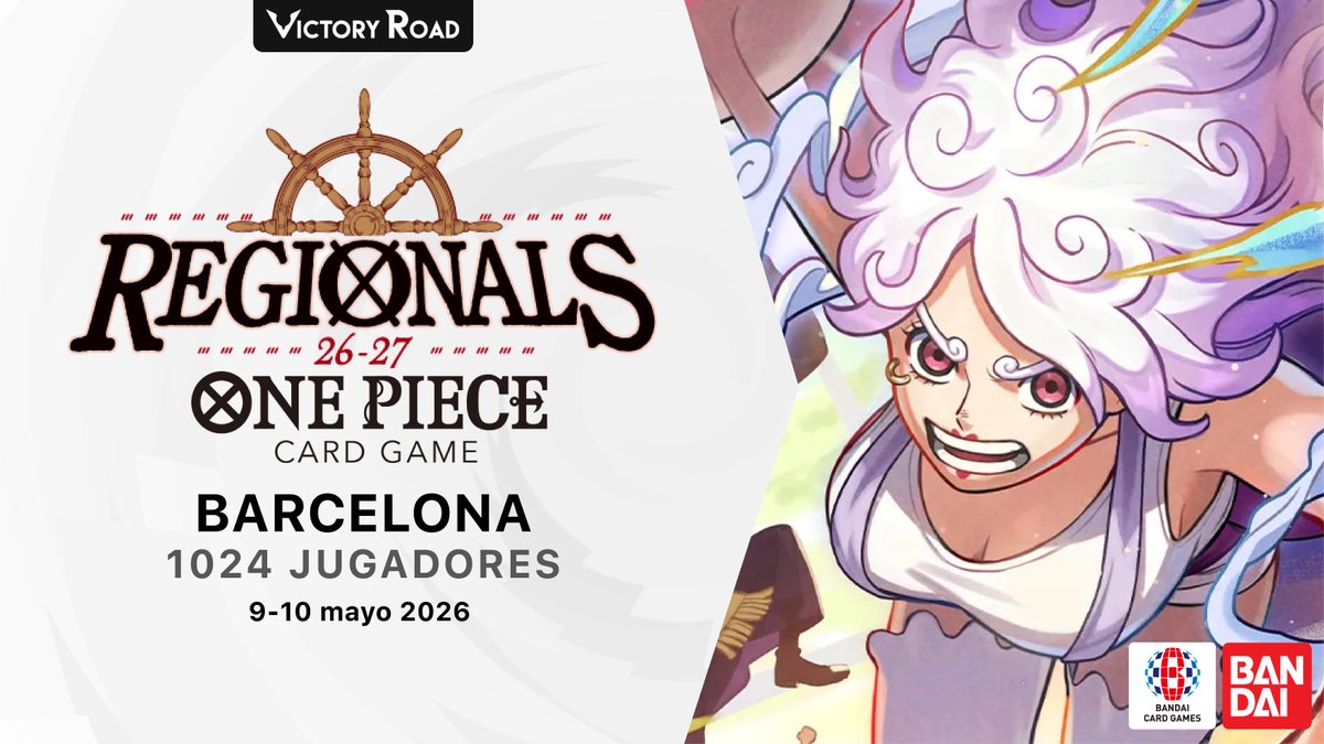 Llega nuestro siguiente Regional de One Piece a 🇪🇸 Barcelona! 🏆

🗓️9 y 10 de Mayo, Barcelona
👥1024 plazas 
📖 Info: tcg.victoryroad.pro/es/regional-on…
📝 Inscripciones desde 1 Marzo 09:00 CET: my.weezevent.com/one-piece-barc…

Entra en el Discord 👉 discord.gg/KkpMZm3VYd