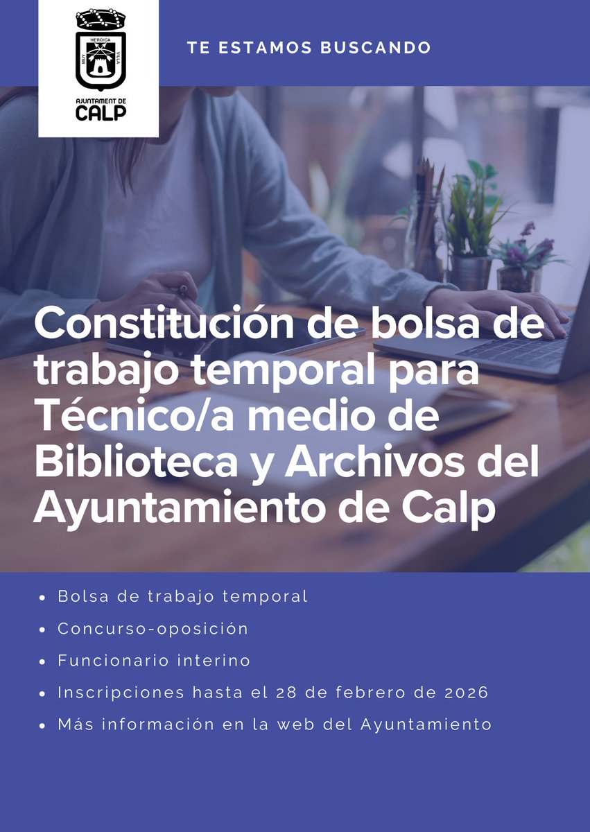 calp_ayto's tweet photo. El Ayuntamiento de #Calp abre el plazo para una bolsa de trabajo temporal de Técnico/a media de #Bibliotecas y  #Archivos mediante concurso-oposición.

🗓️ Hasta el 28 de febrero

Toda la información en la web en el Portal de Transparencia.
👉https://t.co/RDMo9V1g10 https://t.co/NSO4z9LXtD