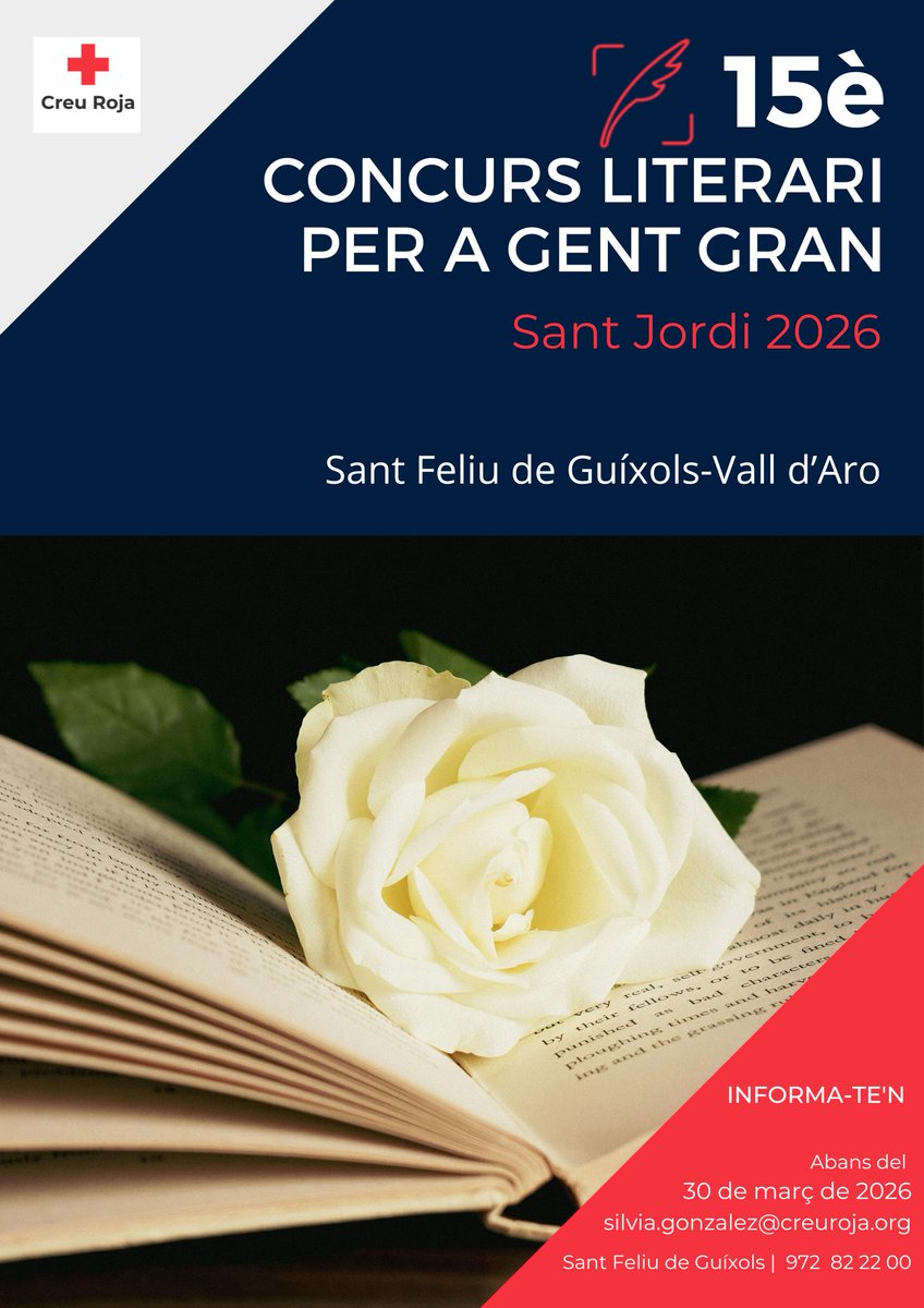 CreuRojaSFG's tweet photo. 📚 Iniciem el 15è Concurs Literari per a persones grans!
Si tens més de 65 anys, envia el teu relat o poesia abans del 30 de març
📧 silvia.gonzalez@creuroja.org
📞 972 82 22 00
Coneixes algú interessat? Comparteix-ho! https://t.co/HfOVx54jya