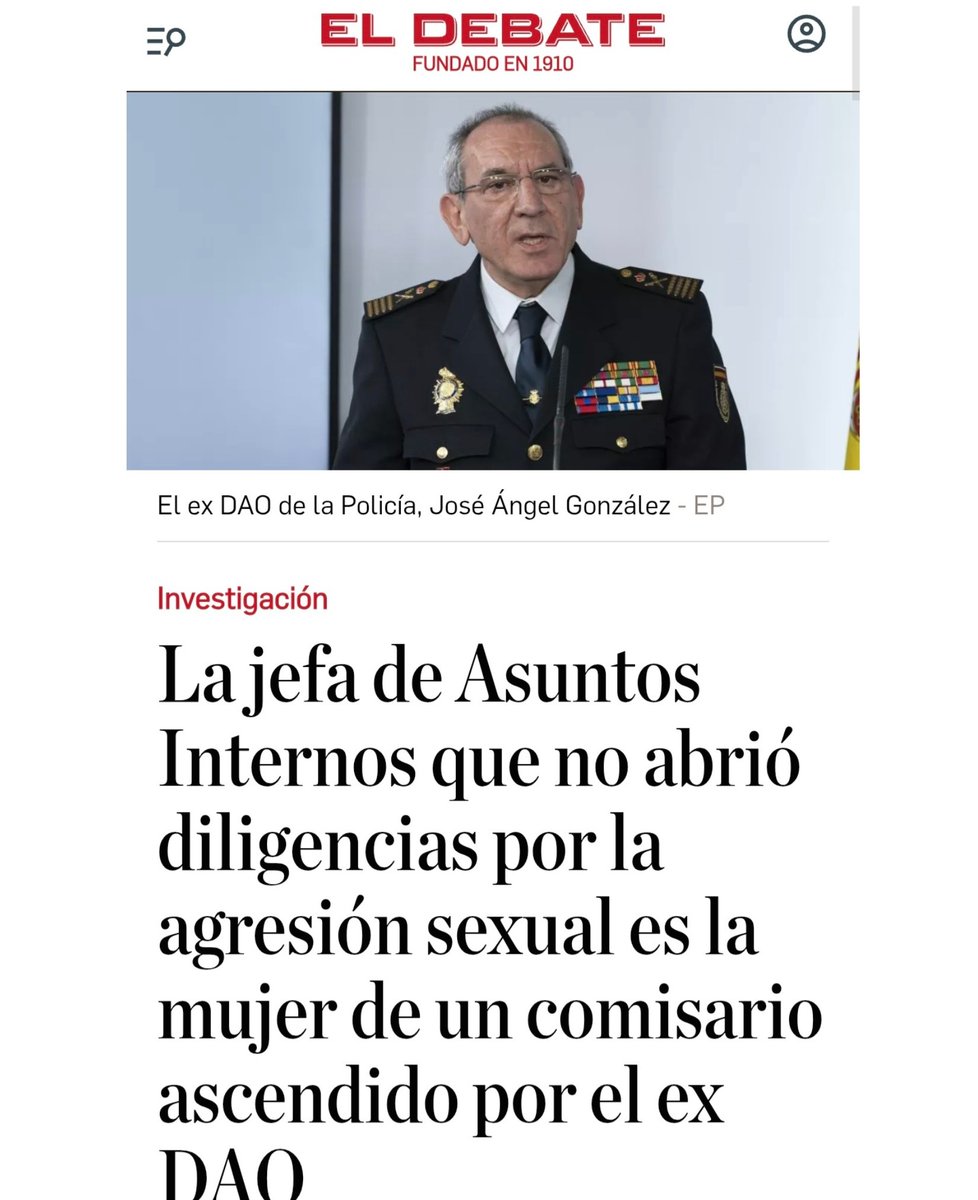 LA VIOLACIÓN DEL DAO

📢 LO SABÍAN TODOS

🤯🤯 La jefa de Asuntos Internos que no abrió diligencias por la agresión sexual es la mujer de un comisario ascendido por el ex-DAO.

Gema Sanz, actual jefa de la Unidad de Asuntos Internos que OCULTÓ O IGNORÓ el caso, es la esposa del