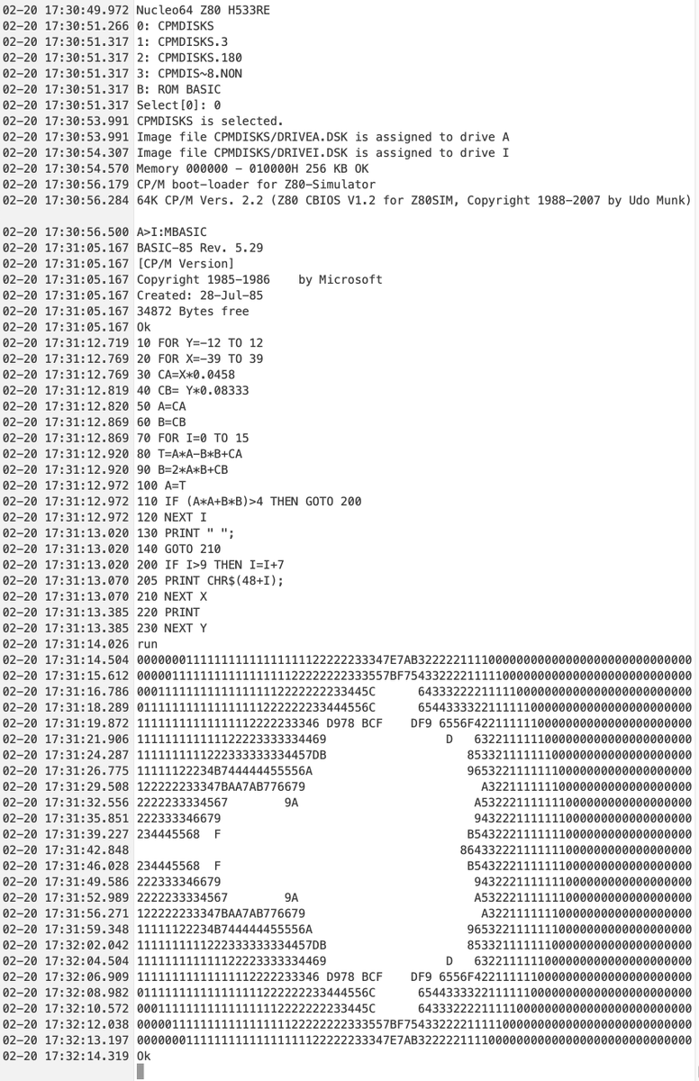 久しぶりの CP/M 2.2 🤩 Z80 20MHz で起動、ASCIIART.BAS 60 秒