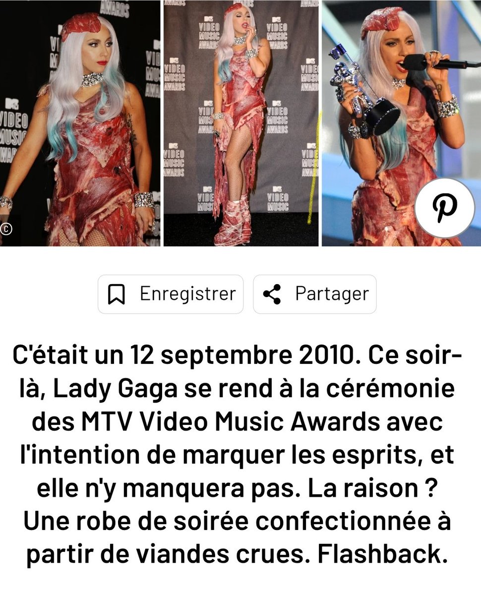#EpsteinFiles #Cannibalisme
Le monde va réaliser 
L'horreur de l'horreur 🤮

Par <a href="/LizCrokin/">LIZ CROKIN</a> 🇺🇸
La robe en viande que Lady Gaga portait aux MTV Video Music Awards a naturellement été transformée en viande séchée. 
Viande séchée = code pour désigner la viande humaine/le