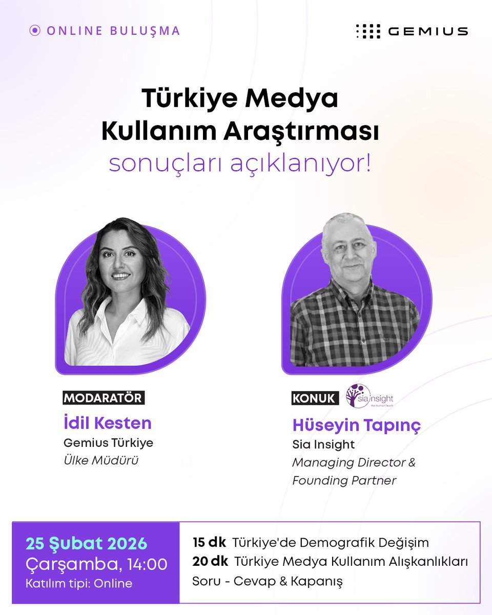 siainsight's tweet photo. Genel Müdürümüz Huseyin Tapinc Gemius Türkiye ev sahipliğindeki etkinlikte Türkiye’nin demografik yapısındaki değişimleri ve medya kullanım alışkanlıklarını anlatacak. 
Sizleri de aramızda görmekten memnuniyet duyarız. 
#siainsight #thehumantouch #odağımızdainsanvar #demografi https://t.co/vW5cBITy7u