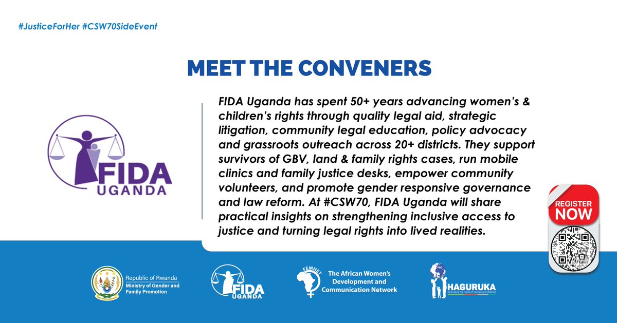 haguruka_ngo's tweet photo. .@FIDA_Uganda has spent 50 + years advancing women’s & children’s rights through quality legal aid, strategic litigation, community legal education, policy advocacy and grassroots outreach across 20+ districts. Proud to cohost with them at #CSW70SideEvent #JusticeForHer https://t.co/61b8icllbu