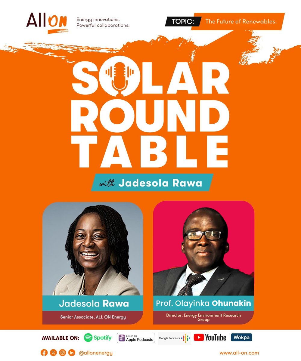 AllOnEnergy's tweet photo. In this episode of the #SolarRoundtable, The Future of Renewables, Jadesola Rawa speaks with Prof. Olayinka Ohunakin on renewable technologies, climate change, and what it will take to power a sustainable future.

Watch it here: https://t.co/GSBdq5r0sh #EnergyTransition https://t.co/BnV6nrWP4o