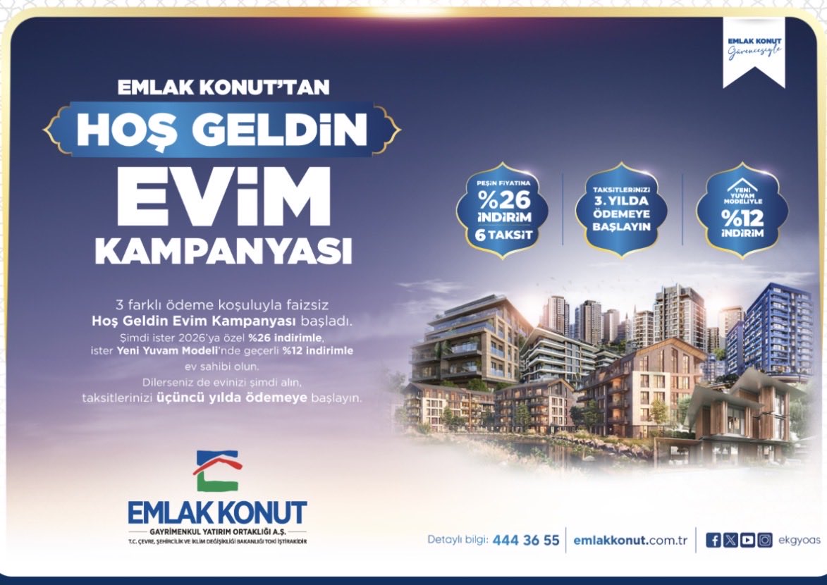 CepteNe_Var's tweet image. 📌Emlak Konut’un “Hoş Geldin Evim” kampanyasının detaylı ödeme koşulları

1️⃣Peşin Ödeme – %26 İNDİRİM + 6 TAKSİT

2️⃣ Yeni Yuvam Modeli – %12 İNDİRİM

3️⃣Taksit Erteleme –  3. yılda ödeme başlıyor  
#ekgyo #konut #kampanya