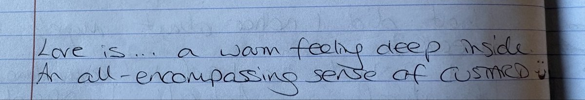 Glanced at an old page in my journal and saw this. I should post more often - I’m just bloody brilliant. 😅

Of COURSE love is… an all-encompassing sense of custard. Can’t be put better than that. Agree?

#loveis #custard #dailyjournalling