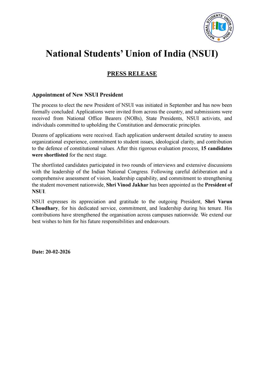 A new chapter begins for the student movement.

NSUI welcomes its new President, Shri <a href="/VinodJakharIN/">VINOD JAKHAR</a> .

With renewed energy and commitment, we move forward to strengthen campuses across India and unite students in defence of the Constitution, equality, and scientific temper.

We