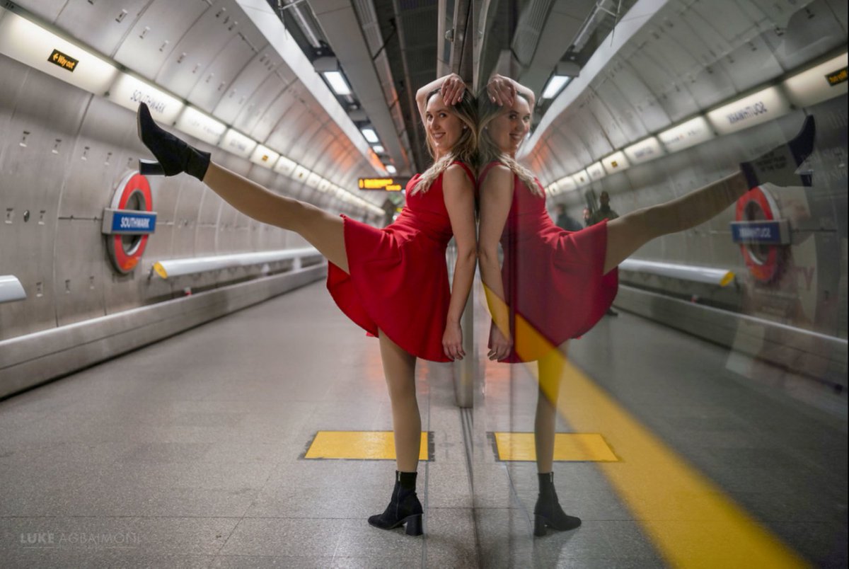 tubemapper's tweet photo. Kicking us into the Weekend 

A quick photo of dancer Viola at Southwark London Underground station. I love looking for reflections in shiny surfaces so couldn't resist this fun composition. https://t.co/lBCaAwV9g4