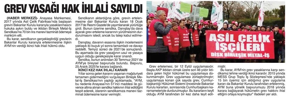 BirlesikMetal's tweet image. 🔴Asil Çelik grevimizin yasaklanmasına ilişkin Anayasa Mahkemesinin (#AYM) vermiş olduğu hak ihlali kararı, ulusal ve yerel medyada yer buldu👇

📌"AYM: Asil Çelik #grev yasağı hak ihlalidir"
📌"Grev hakkına kimse dokunamaz"
📌"Grev erteleyen iktidar sendikaya tazminat ödeyecek"
