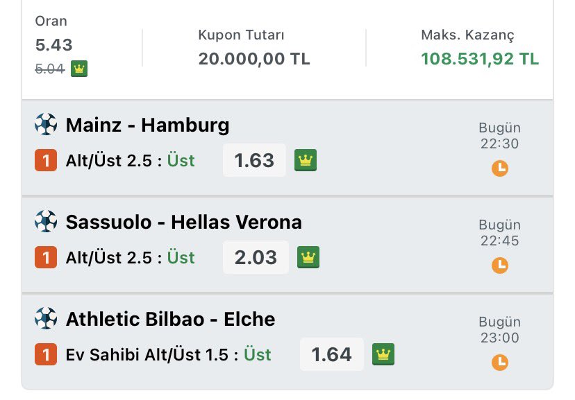 Günün Kuponu 🧾

- Toplam oran 5.43

Good Luck ⚡️

(Kazanırsa kaydeden 2 kişiye 5000 verelim)