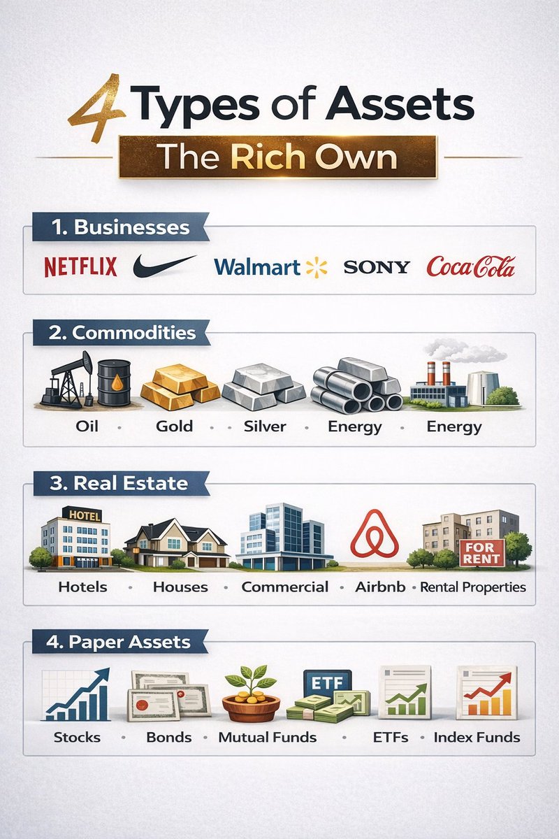 MindMechanicsX's tweet photo. 4 Type of Assets The Rich Own

Business
Commodities 
Real state 
Paper assets https://t.co/gzuY73OYDQ