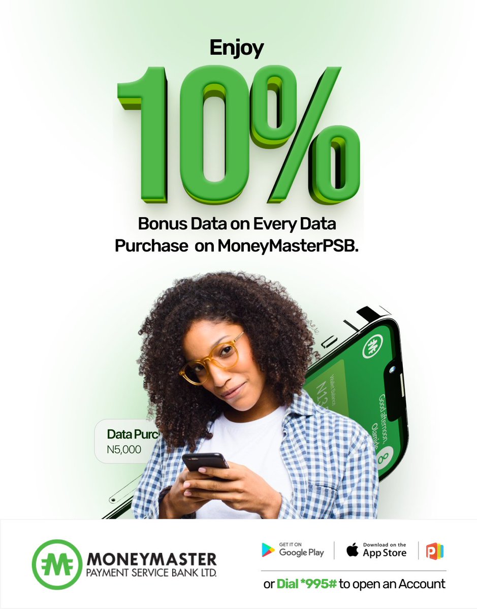Moneymasterpsb's tweet photo. Enjoy more value every time you buy data.
Get 10% bonus data on every data purchase with MoneyMasterPSB.
#MoneyMasterPSB #BonusData #MoreForLes https://t.co/1KiSnRlVIC