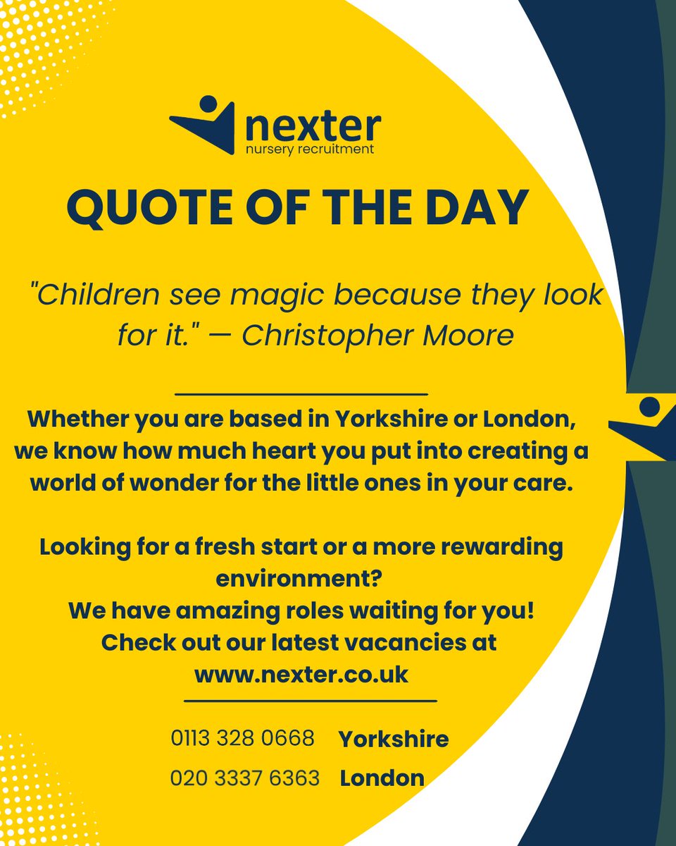 nexterrec's tweet photo. "Children see magic because they look for it." — Christopher Moore ✨

To all the Early Years heroes: thank you for making life magical for our little ones this week! 💛

Ready for a rewarding new role?

Apply here: https://t.co/zuzNNnpdSI 

#EYFS #NurseryJobs #FridayMotivation https://t.co/4RQTI9Qh1J