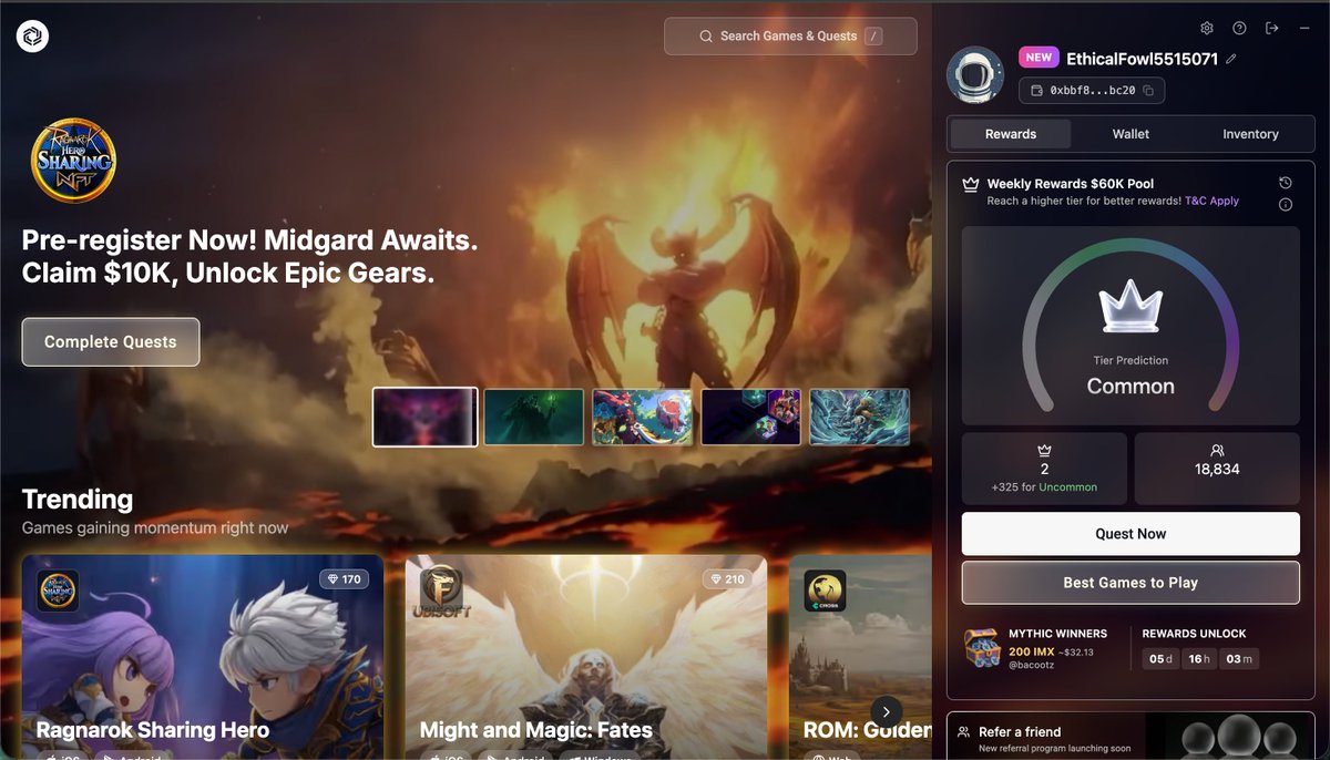 Good news, guys.

Immutable weekly rewards are getting.

Play games, position for airdrops, while you position for Immutable $60k weekly rewards.

Get started:

- go to: play.immutable.com/referral/share…

- sign up with your Google account to create an Immutable account.

- click on "quest
