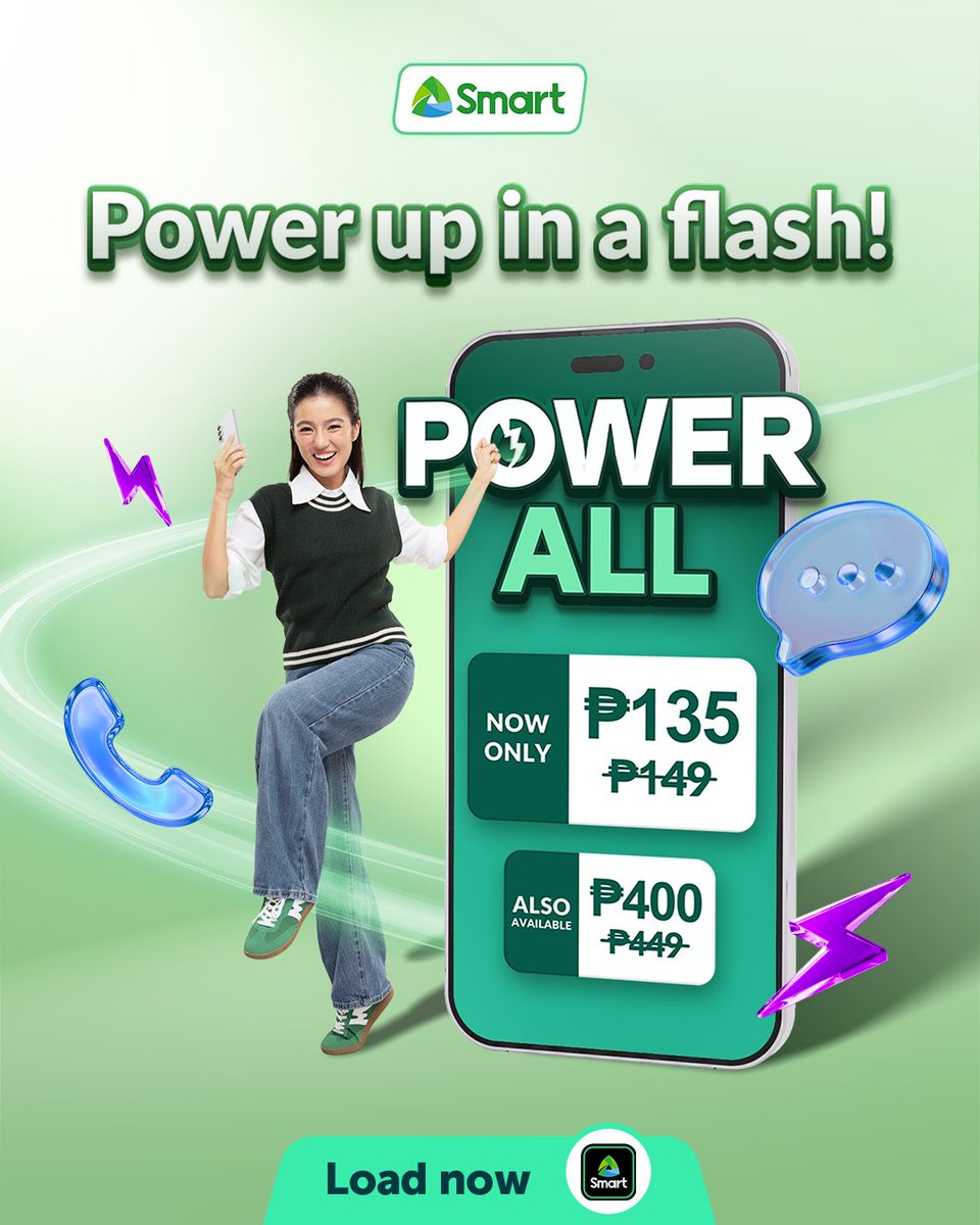 Power up in a flash⚡

Power up your day with Power All 149 for only P135!
The same data, calls &amp; texts that you love at a discounted price!​

Also available: Power All 449 for P400

📲 Load now! smrt.ph/SmartApp.FB