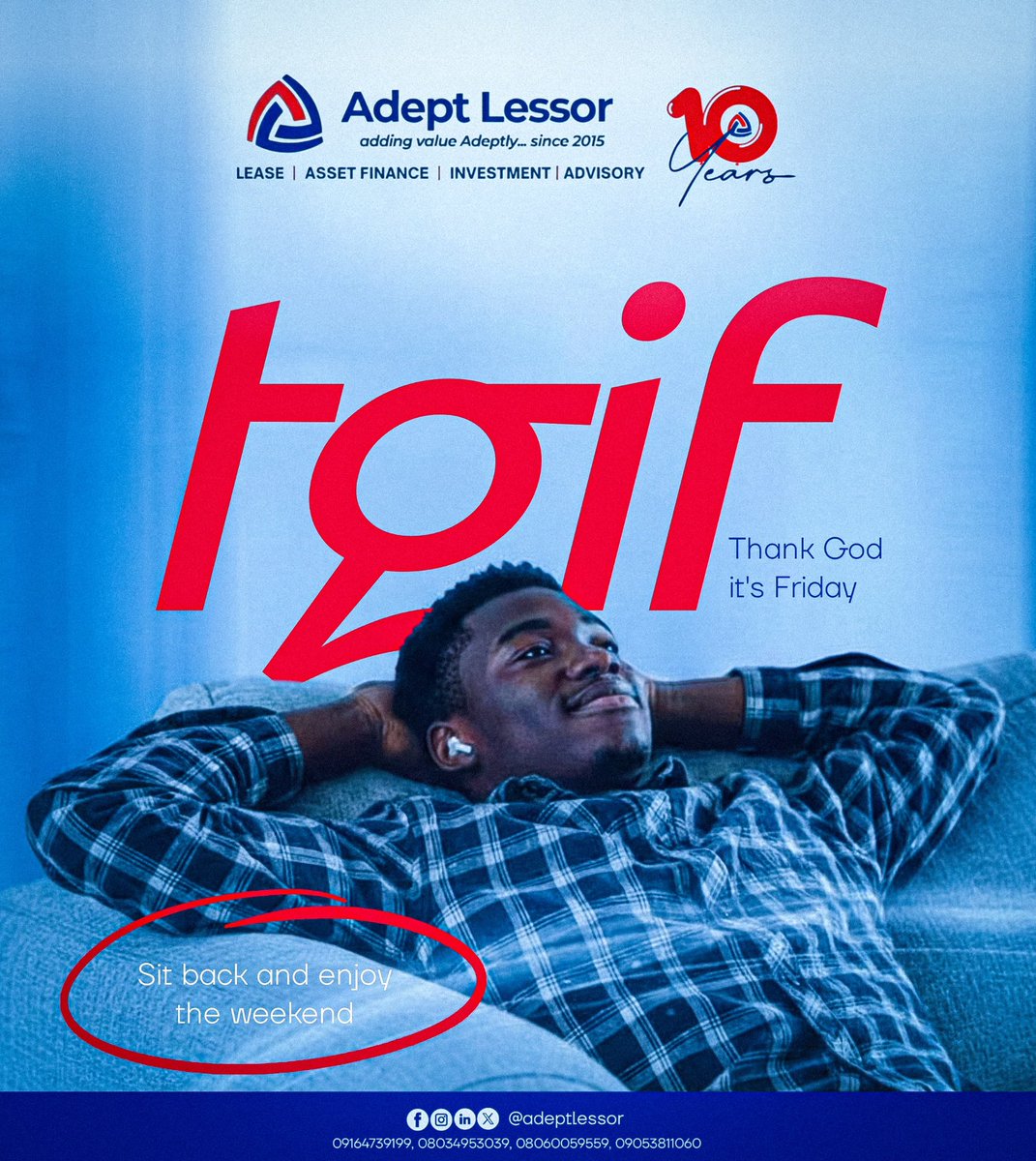 AdeptLessor's tweet image. TGIF🥳🎊

#adeptlessor #buynowpaysmallsmall #assetfinancing #TGIF #trending