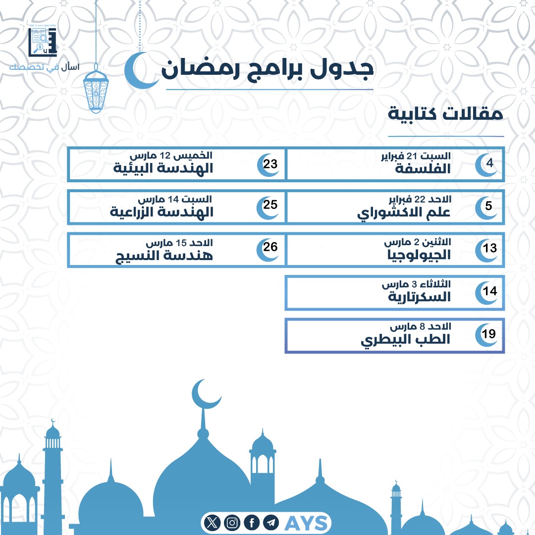 AYS_Foundation's tweet photo. #اسأل_في_تخصصك
جدول برامج رمضان ✨🔥💛
#معا_لغد_مشرق
#اختار_تخصصك_صح
#الجاي_اجمل
#جيل_واعي https://t.co/bTSjOSNwIy