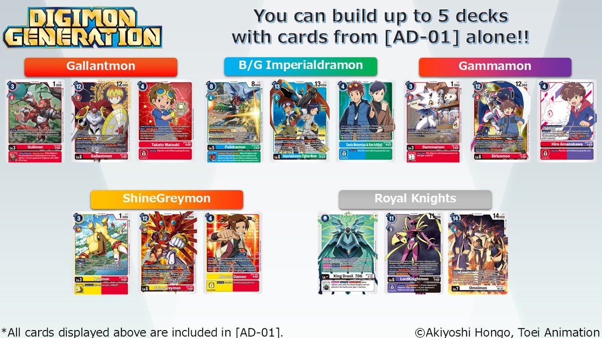 📰[NOTICIA]📰

AD-01 DIGIMON GENERATION el set de reprints, es el momento PERFECTO para introducirse en #DigimonCardGame !

Con SÓLO su contenido, puedes montar:
🔴 Gallantmon
🔵🟢 Imperialdramon
🔴🟣 Gammamon
🟡🔴 ShineGreymon
⚪ Royal Knights