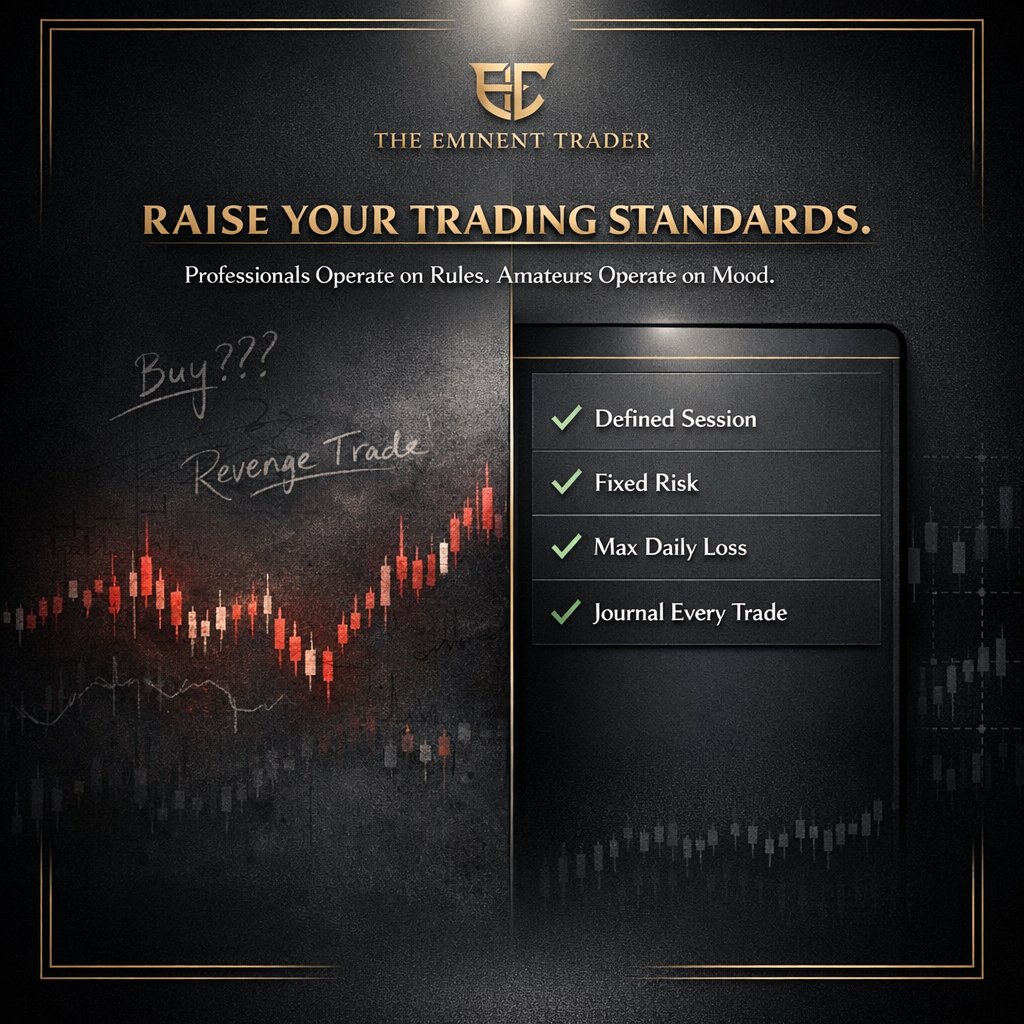 theeminentrader's tweet photo. When you think about it deeply, you'd realize You don’t lack motivation, You lack standards.

That’s the uncomfortable truth.

Most traders say:
“I want to be profitable.”
“I want funding.”
“I want consistency.”

But their daily behavior says otherwise.

You wake up without a plan.
You open charts randomly.
You take trades out of boredom.
You skip journaling.
You don’t review your mistakes.

That’s not a motivation problem.

That’s low standards.

High-level traders have non-negotiables:
• Fixed risk per trade.
• Maximum daily loss.
• Defined trading sessions.
• Post-trade journaling.
• Weekly performance review.

They don’t trade based on mood. They trade based on rules.

If your trading routine changes depending on how you feel…

You are not operating at a professional standard.

You’re operating on impulse.

Professionals protect process.
Amateurs protect ego.

Raise your standards:
– No trade without confirmation.
– No lot size outside plan.
– No revenge trading.
– No emotional entries.

Discipline isn’t talent. It’s a decision repeated daily.

Motivation fades but Standards remain. Think about it. 

Don't forget to Like this post, Retweet, Follow Me & Turn on post notifications for More posts like this. 

I only Recommend Tentrade & Bingx For Forex & Crypto Trading Respectively.

Tentrade (For Forex Trading)→https://t.co/D21IjcXI2F

BingX (For Crypto Trading)→https://t.co/kEiSjSeU2A

You can also download the Bingx App on PlayStore or App Store, Signup and Use the Code YUBBQZ under Referral code. 

Once You Signup, Send a DM to Be added to My Exclusive Community Where I Drop Premium Forex and Crypto Trading Tips, Education & Setups for Free Everyday. 

Terms and Conditions Apply.

You can also Send me a Direct message, Follow me on other social media platforms and check out every other services I offer via the link below.
👇👇👇
 https://t.co/NyWXQWMkmv