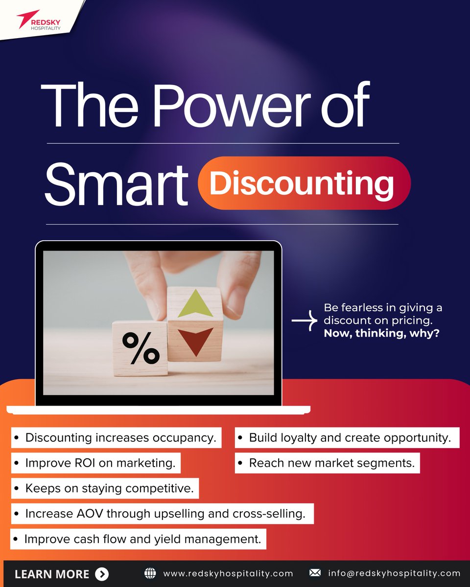 RedSky_H's tweet photo. The Power of #SmartDiscounting
Be fearless in giving a discount on pricing.
Now, thinking, why?
π https://t.co/vzqcBYk2cm
#RevenueManager #Discounting #Pricing #HospitalityIndustry #HotelRevenue #hoteliers #hotelrevenuemanager #RevenueManagement #HospitalityExpert https://t.co/97MXAG7e3N