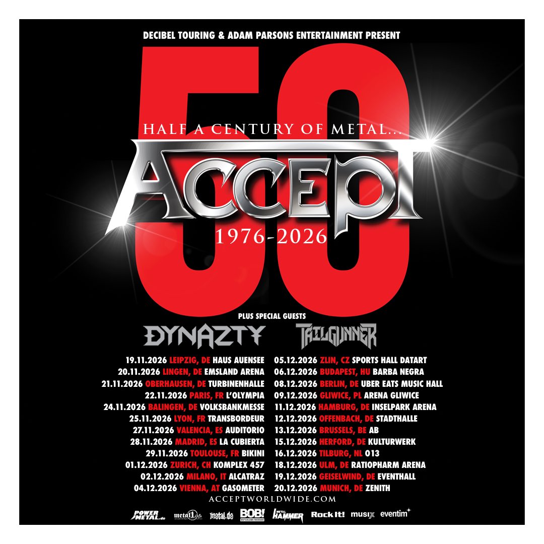 dynaztyband's tweet image. Great news! 🤘🏻
Super stoked and honoured to announce that alongside TAILGUNNER we will hit the European roads this November/December to join the legendary ACCEPT in celebration of their 50th anniversary! 👊🏻

Can’t wait! 🔥

#dynazty #tailgunner #accept #tourannouncement