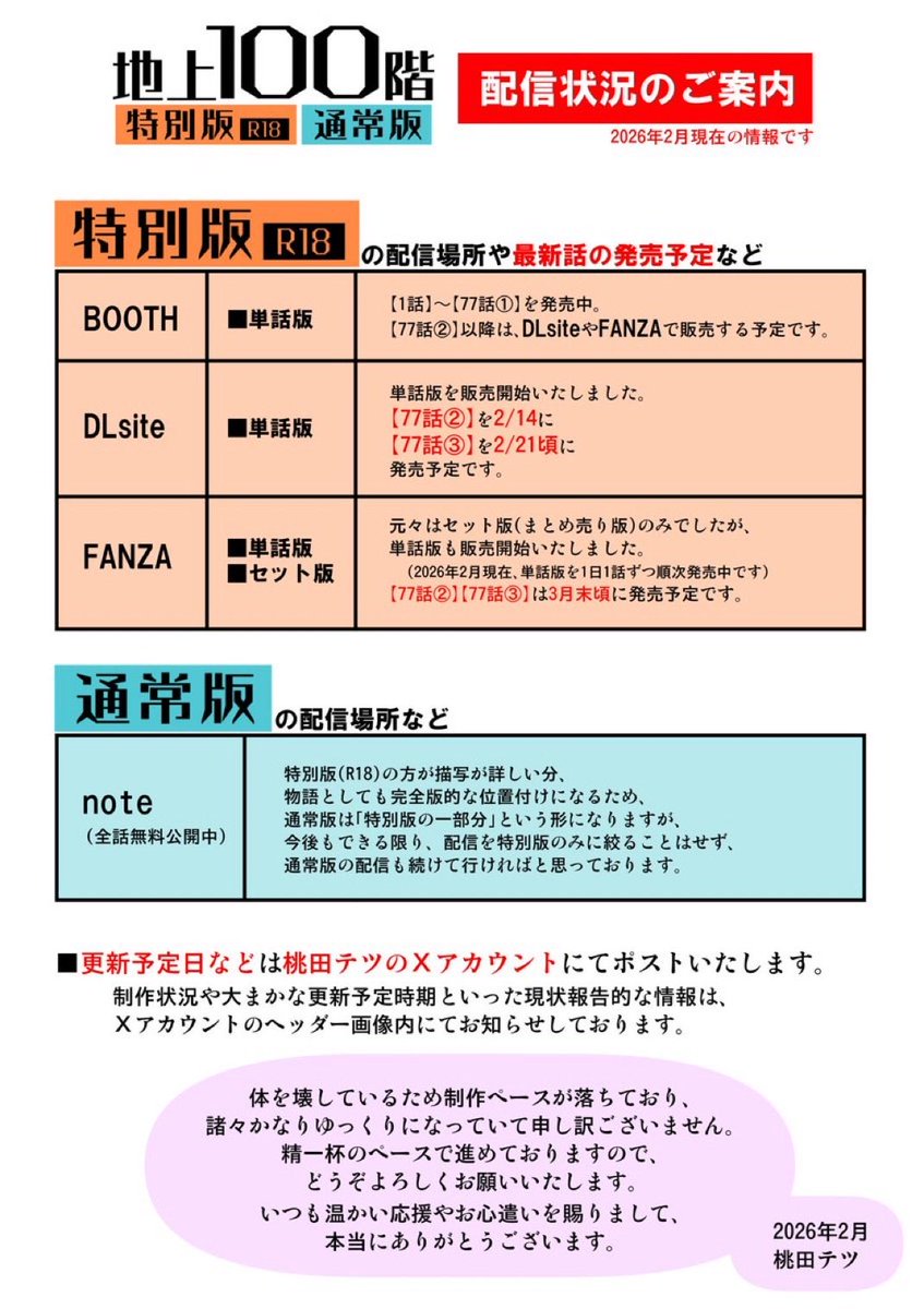 『地上100階』の【特別版77話③】を、2/21(土)0時にDLsiteにて発売予定です。
FANZAでの発売は3月末頃になる予定です。

単話版はBOOTHで発売(更新)しておりましたが、今後はDLsiteやFANZAで発売することになると思います。

どうぞよろしくお願いいたします🙇
いつも本当にありがとうございます😊🙏