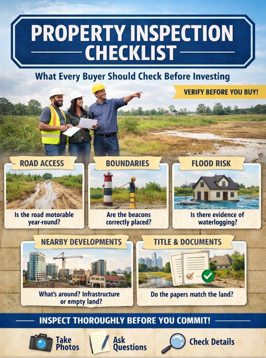 5 Things Most Developers Won’t Tell You to Check During Inspection 👇

1️⃣ Road access (dry &amp; rainy season)
2️⃣ Visible beacons &amp; correct measurements
3️⃣ Flood risk (especially in Lagos &amp; Port Harcourt)
4️⃣ Nearby development
5️⃣ Survey vs physical land match