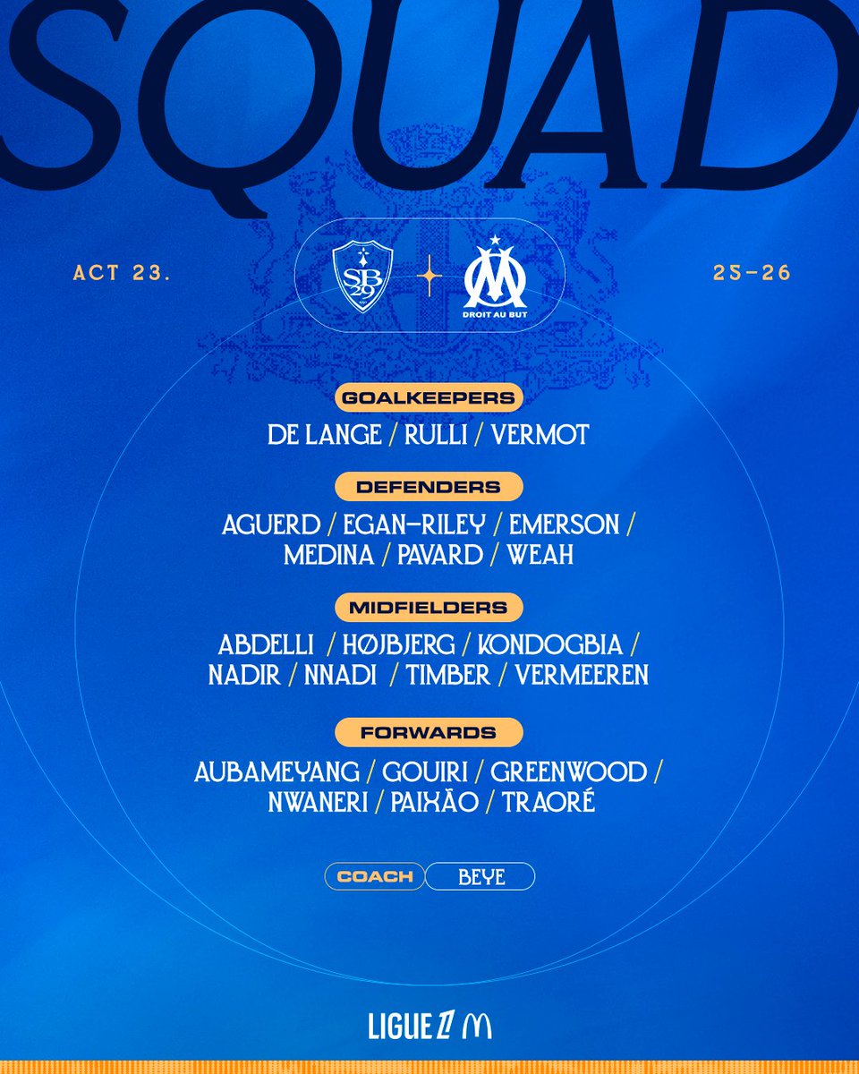 OM_Officiel's tweet image. 𝐒𝐐𝐔𝐀𝐃 📋 #SB29OM

Voici les 2️⃣2️⃣ joueurs retenus par 𝐇𝐚𝐛𝐢𝐛 𝐁𝐞𝐲𝐞 pour cette rencontre face à Brest ⚔️