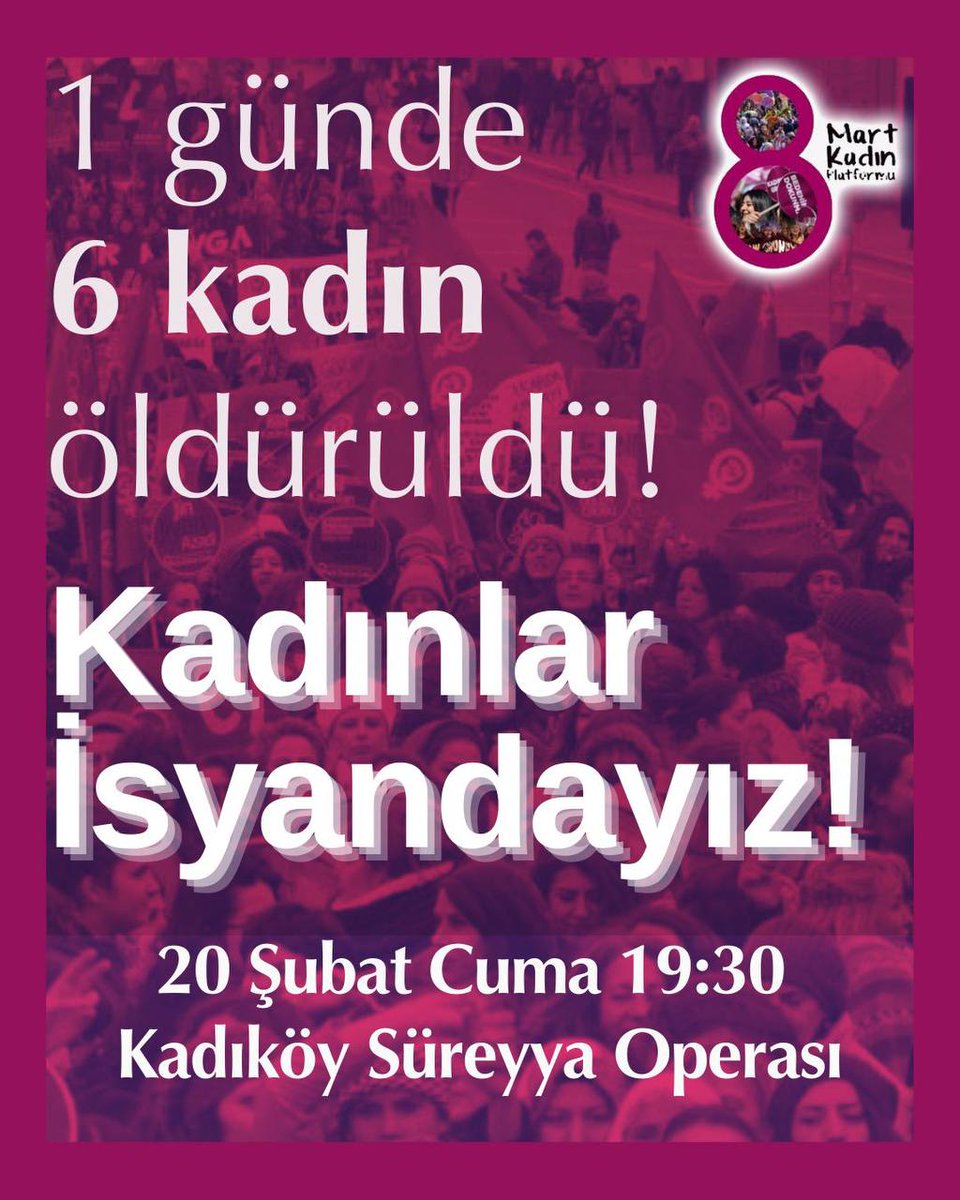 1 Günde 6 Kadın Öldürüldü!

Filiz Şağbangül, Aylin Polat Dağ, Gönül Alkan, İlknur Kor, Kübra Kılıç ve Zeynep Ayaz’ın hesabını soracağız. 

🗓️ 20 Şubat Cuma (BUGÜN), 19.30
📍 Kadıköy Süreyya Operası Önü