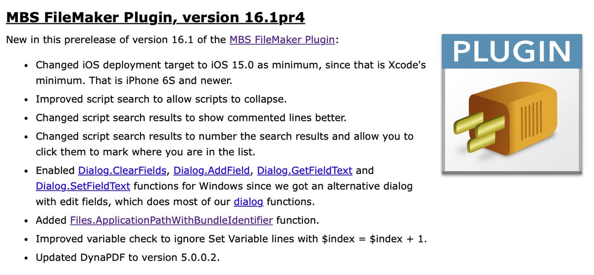 MBS #FileMaker Plugin, version 16.1pr4

Improved script search to allow results to collapse.
Enabled Dialog fields for Windows
Added Files.ApplicationPathWithBundleIdentifier
Improved variable check to ignore $index = $index + 1
Updated DynaPDF to 5.0.0.2

mbsplugins.de/archive/2026-0…