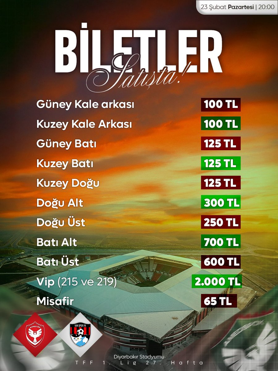 23 Şubat Pazartesi günü evimizde oynayacağımız Vanspor FK maçı biletleri satışta. 🎫
💚❤️
Bilêtên lîstika Vanspor FK ya ku em ê 23yê Sibatê, roja Duşemê li mala xwe bilîzin, niha tên firotin. 🎫
💚❤️
Bilêtê maçê Vanspor FK, yo ke ma do 23ê Sibate roja Dişemeyî keyeyê xo de kay