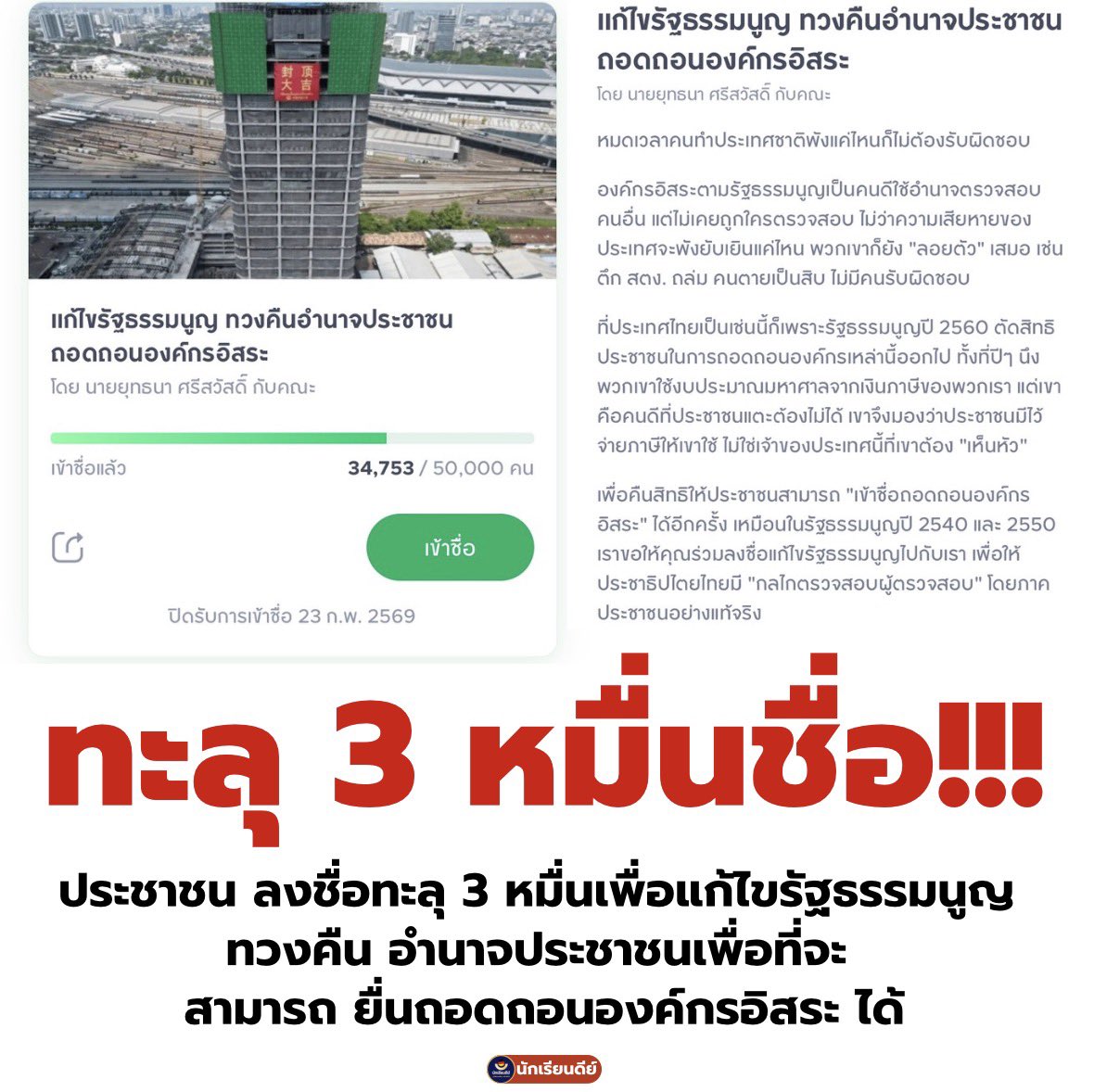 ยังขาดอีก  15,247 รายชื่อนะครับ ทุกคนนนนช่วยกันเร็ววววว อันนี้เลยเตงๆ เอาให้ทะลุ 5 หมื่นเร็วๆไปเลย 👇🏻👇🏻👇🏻
s.itax.in.th/chorus/2GvHfgM…
.
#พรรคประชาชน #กกต #รัฐธรรมนูญ