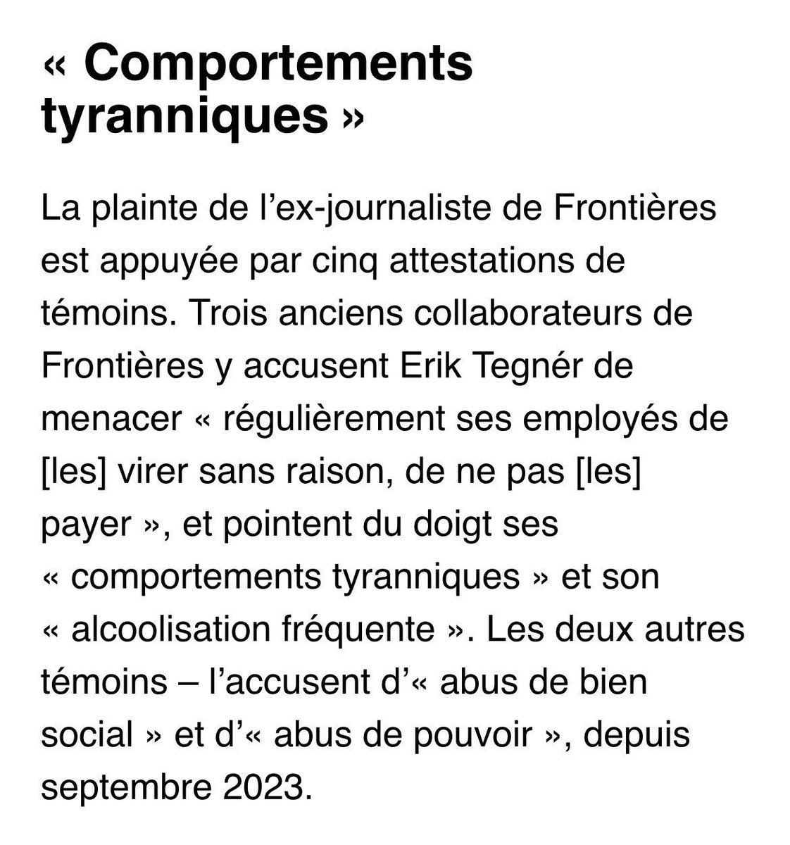 <a href="/tegnererik/">Erik Tegnér</a> "dévalorisation générale"

"attaques verbales suivies de menace"

"trois faits d’agression sexuelle"

"Comportements tyranniques"

"menacer régulièrement ses employés de les virer sans raison, de ne pas les payer"

"alcoolisation fréquente"

"abus de pouvoir"

Erik la pire brebis