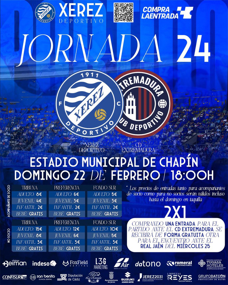 ⚽️ EL PARTIDO

🟦 El Xerez Deportivo ha puesto una promoción de 2x1 para sus abonados de cara al partido de este domingo ante el Extremadura en el estadio 🏟️ de Chapín