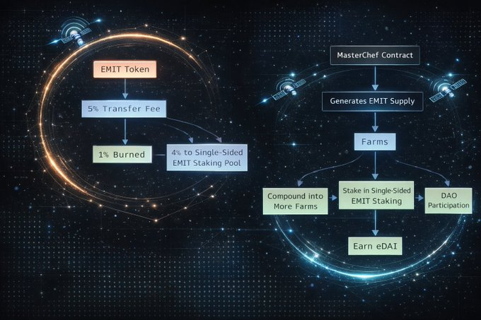 📡 EMIT OPERATIONAL OVERVIEW 🛰️

✨A Visual Representation Dynamics At Play✨

🪙 $EMIT - 5% Tax
🔥 1% Is Burned
↔️ 4% Is Directed Into Single-Sided

🥇 Single-Sided Pool
➡️ Stake EMIT
🔛 Rewards $eDAI (Stables  Token)

🌾Farms 🧑‍🌾
📡 823 New EMIT Tokens Created Per Day 🆕
➡️