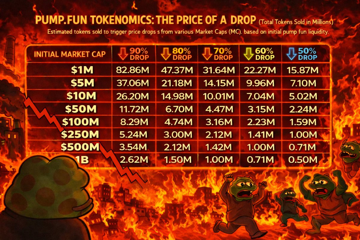 How much does it take to nuke your coins 90% 📉?   

1.2% at $50m mc.. 
0.83% at $100m mc.. 
0.26% at $1b mc..  

This is why you need responsible whales holding supply once you make it to higher levels and why these pumpfun tokens are constantly nuking 90% lol.

Just look at how