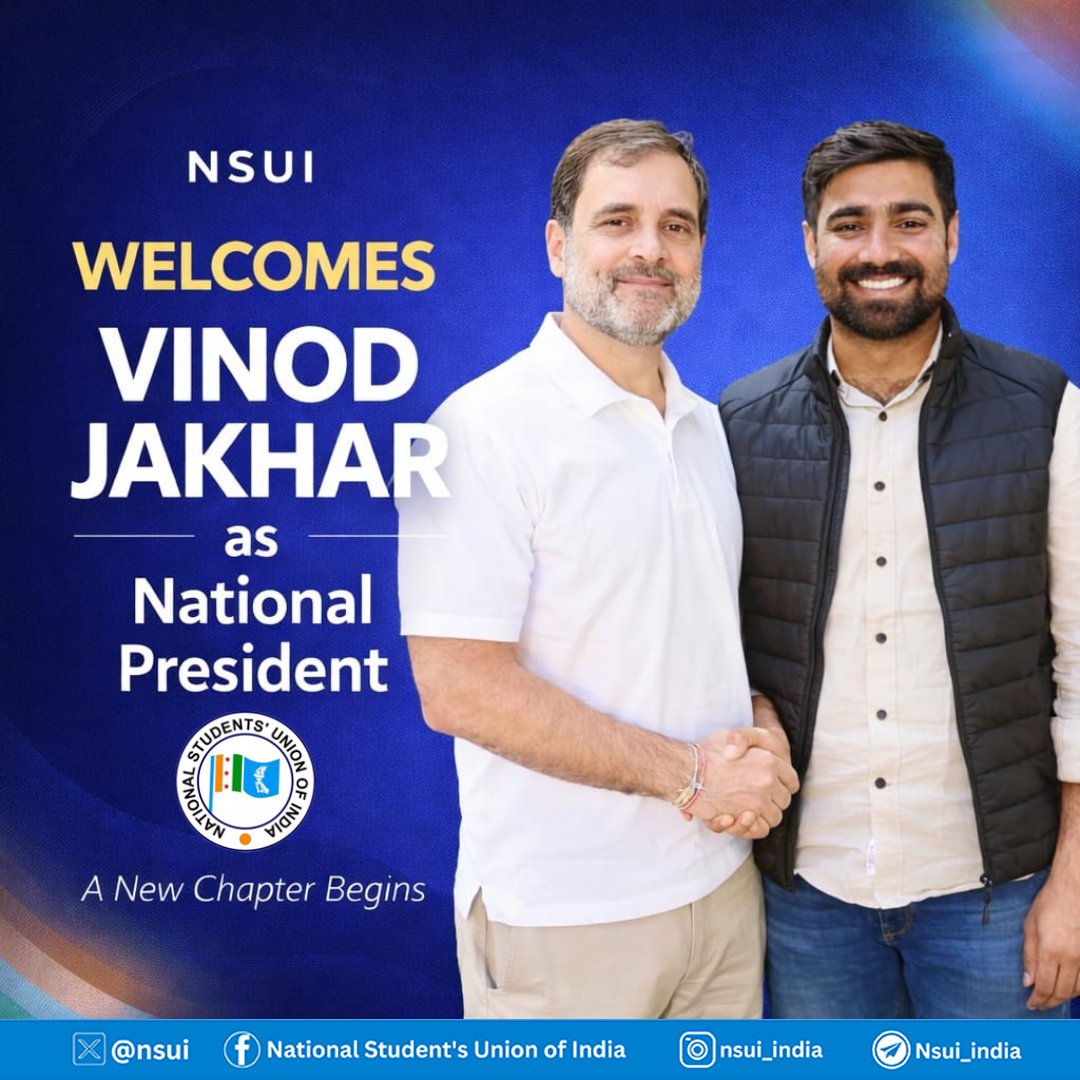 NSUI welcomes Shri <a href="/VinodJakharIN/">VINOD JAKHAR</a> as the new National President.

With renewed energy, commitment to constitutional values, and unwavering dedication to student rights, a new chapter begins in our collective journey. 

Together, we will strengthen student voices, defend democracy