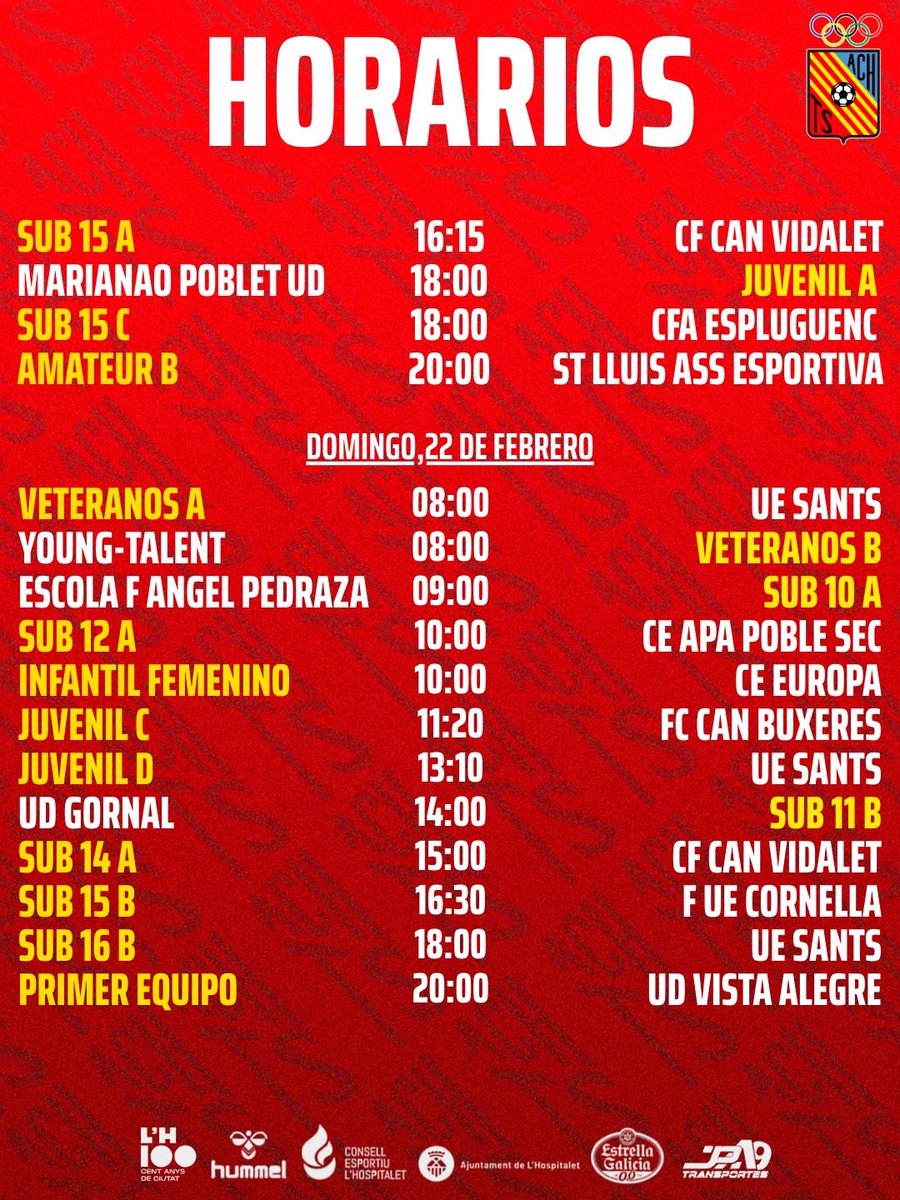 📆 𝑯𝑶𝑹𝑨𝑹𝑰𝑶𝑺 ⚽️

ℹ️ Estos son los horarios de los partidos para el fin de semana del 21 y 22 de febrero. 

#ATCHospitalense #CanteraATCH 🔴