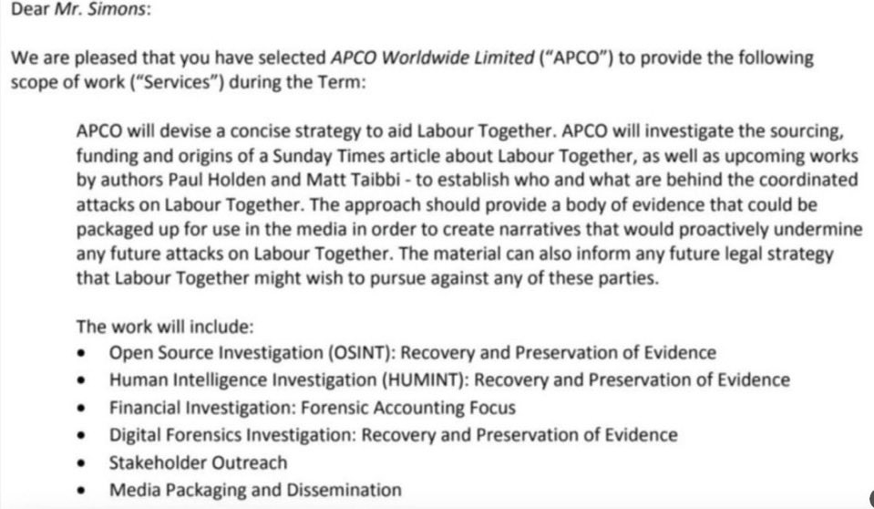 I first posted on X about the Labour Together smear campaign on 6 Feb.

Exhibit 1: the (barely coherent) response I received from Josh Simons late that night, denying any wrongdoing.

Exhibit 2: the *actual content* of the deal made with the private investigators at APCO

🧵1/3