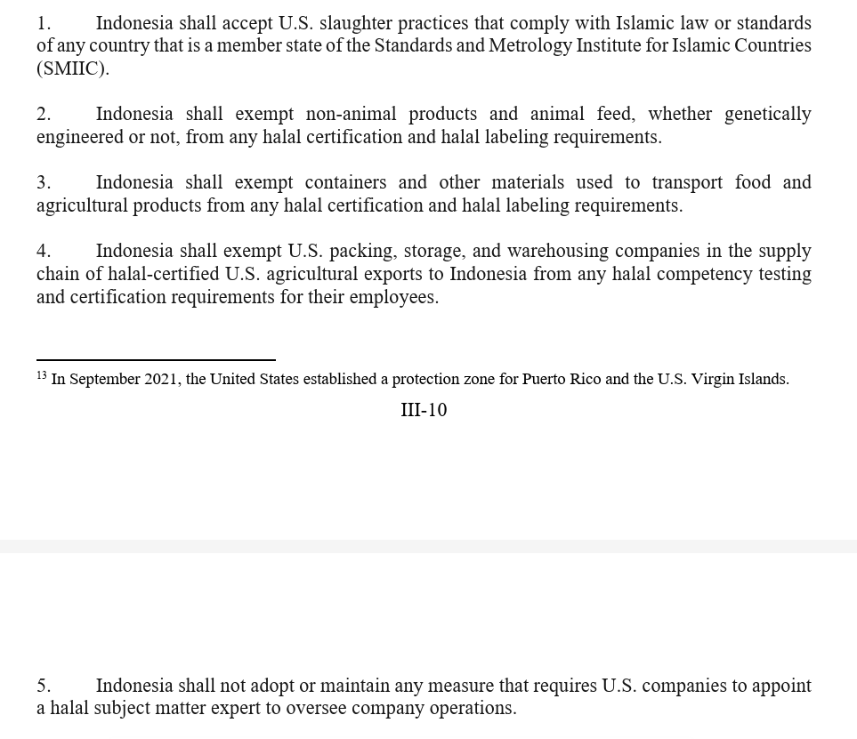 Aturan sertifikasi halal kita mau diacak-acak Amerika. 😂
Amerika hanya mengakui kewajiban impor barang halal jika itu hewani saja (pasal 2), untuk produk non-hewani (meskipun mengandung zat haram seperti kadar alkohol yang memabukkan) maka diloloskan begitu saja tanpa